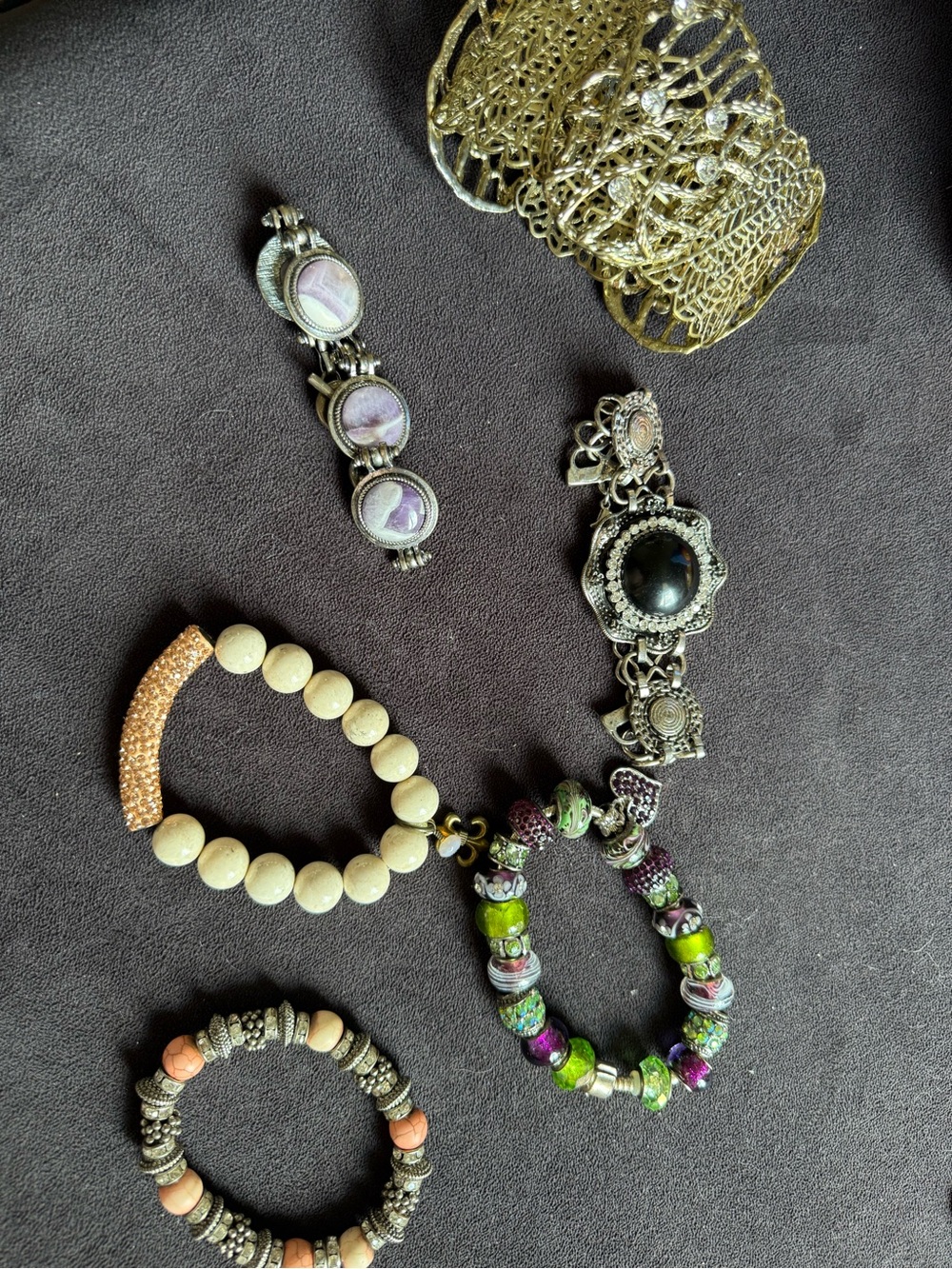 Boho Mixed Bead and Metal Bracelet Set in Green, Purple, Cream